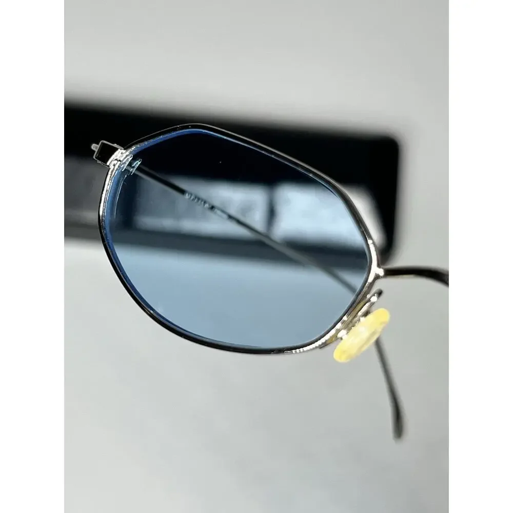 VTG Optica Geometric Wire Frame Sunglasses Silver Tone Metal Blue Lens + Case